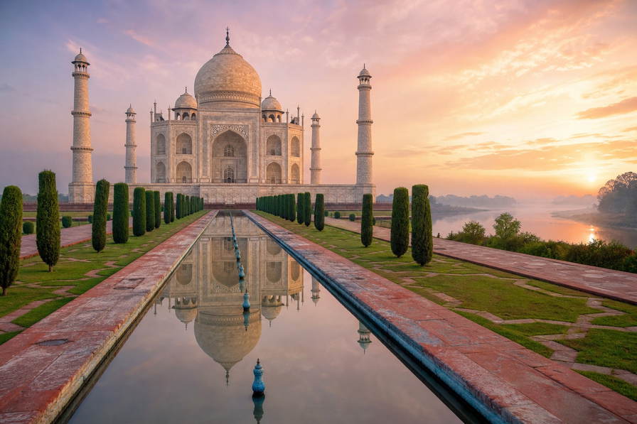 India: Taj Mahal-marmer in saffraanroze Yamuna-morgennevel dat in het spiegelbassin breekt, kleilampenrook op de ghats van Varanasi richting traliewerk van de windramen van Hawa Mahal in Jaipur en kokospalmspiegelingen in de backwaters van Kerala in de hero - achtergrond voor rolletjes chaibonnen in Indiase roepies (INR), weeglabels voor bulkkurkuma en verzendbriefjes voor kisten met moessonzijde-sari's.