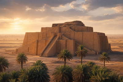 Irak: modderbakstenen trappen van de ziggoerat van Ur in amberstof boven de woestijnvlakte, riet langs de Tigris voor masgouf richting koffiebrandrook op de Shorja-markt van Bagdad en haarspeldbochten van de citadel van Erbil onder koperkleurige nevel in de hero - achtergrond voor weegkaarten voor bulk-sumak in Iraakse dinar (IQD), blikdekselbriefjes voor dadelsiroop en telstapels voor rieten manden uit het moeras van Chibayish.