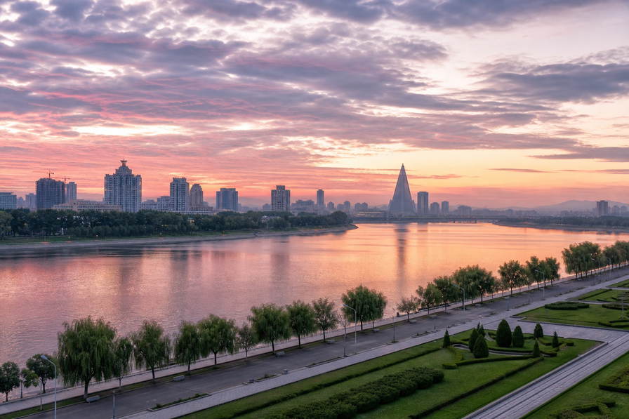 Noord-Korea: Taedong-oever-esplanade-vlecht over dageraad-chopbanden onder stratocumulus, kopernevel van skyline-silhouet naar perkamentstapels bij Mansu-heuvel en bassinlint van fontein bij haven-ponton-groeven plus dennenpollen op helling in de hero - achtergrond voor EUR-geïndexeerde markt-streepjes met KPW-contant-echo, USD logistiek-charter-stempelvouwen bij glijkais van Nampo en Taedong-vis-weegbriefjesbanden.