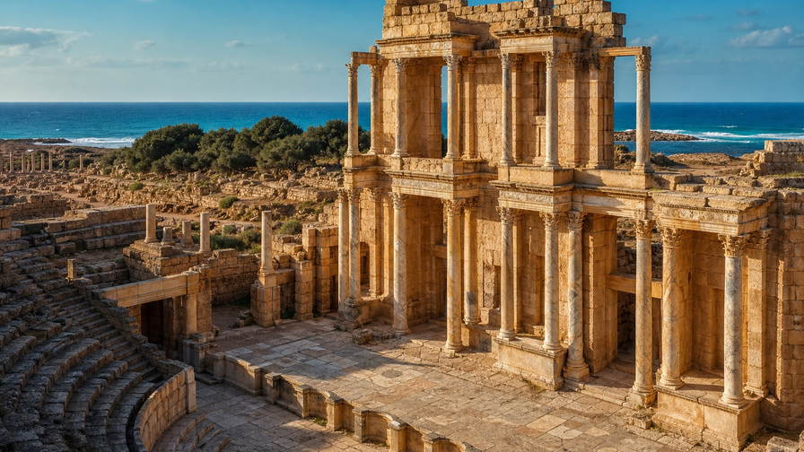 Libië: medina-bogen aan de Middellandse Zee, Romeinse forumruïnes langs de kust en Saharazandduinen landinwaarts in de hero - scène voor couscous-tajines, dadels per kilo en visveiling in Tripoli.