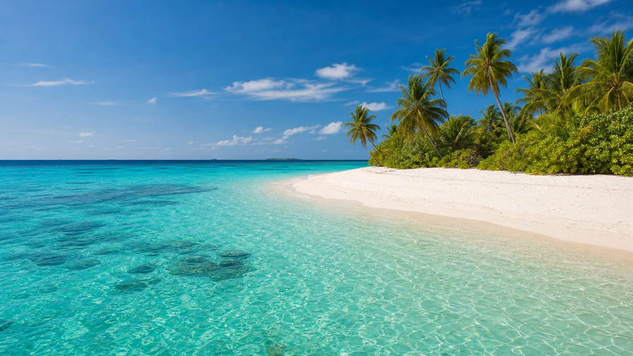 Maldiven: jade-tot-saffier lagunemotief boven koraalondiepten, kokospalmen op een zandomzoomd eiland en krijtwitte ondiepten onder passaat-stapelwolken in de hero-foto - visuele intro voor vergelijkingen van resort-atol- en Malé-bevoorradings-supermarkt-, horeca- en guesthouse-huur.
