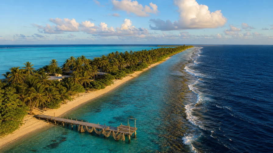 Marshalleilanden: turquoise atolband rond Majuro die dubbele spiegels van lagune en oceaan in de Ratak-keten vlecht onder passaat-stratus, nevelige gele netboeienrijen bij de steiger naar tonijn-ijskistenpiramides in de schaduw van Delap-Uliga-Djarrit en krijtachtige kano-kielsporen in de buitenlagune van Arno in de hero - achtergrond voor kaaimarktzettels in US-dollars (USD), gevouwen vrachtstempels op bevoorradingsschepen tussen atollen en weegbriefjes voor koprazakken.
