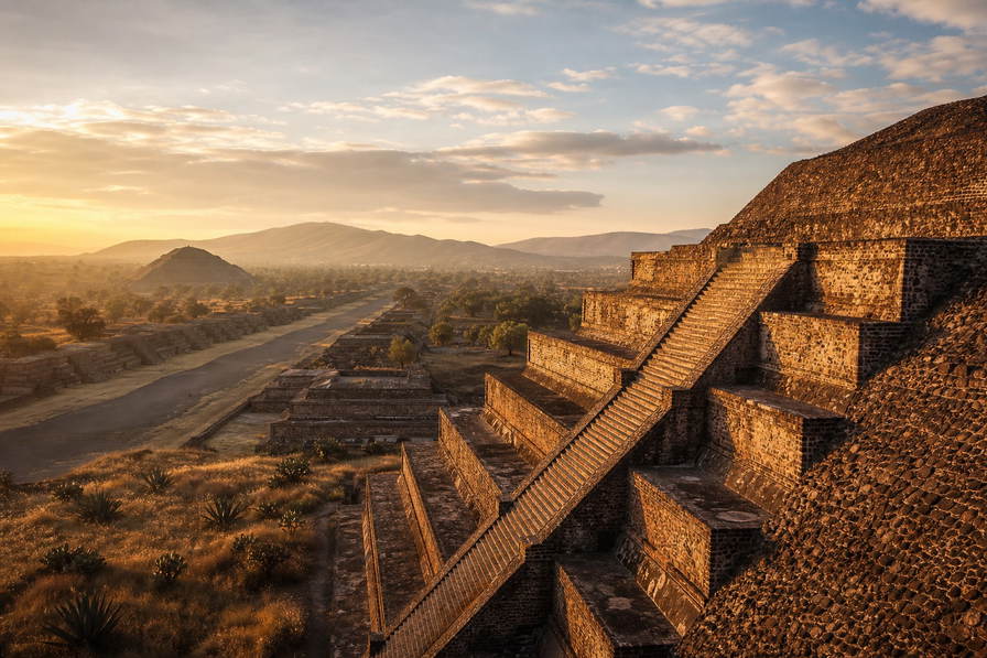 Mexico: okergele lint van de Piramide van de Zon in Teotihuacán die basaltperspectieven van de Dodenlaan vlecht onder droge cirrus, schaduw-driehoeken van Kukulkan in Chichen Itza naar mole-stoom op de markt van Oaxaca en turkooizen krijtstreep van zee bij het klifkasteel van Tulum met kobaltblauwe stapeling van Talavera-glazuur uit Puebla in de hero - achtergrond voor taqueria-briefjes in Mexicaanse pesos (MXN), gevouwen oplaadbonnen voor de metro in Mexico-Stad en stempelafdrukken van mezcal-copita's in de cantina.