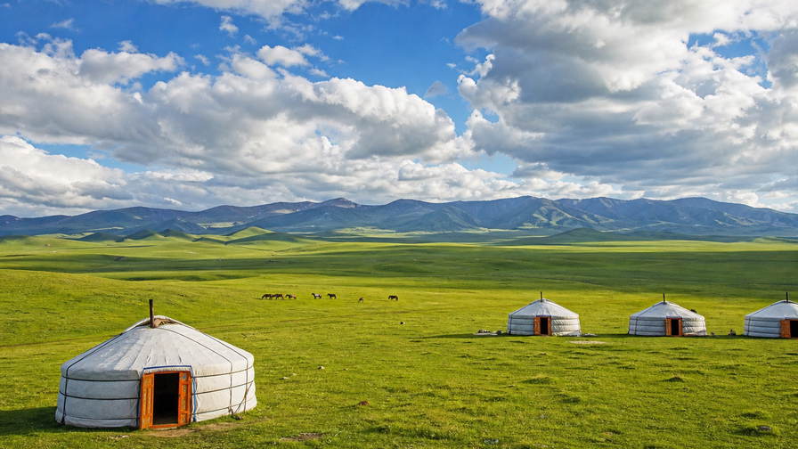 Mongolië: barnsteenkleurige rug van de Changai die grasgolven in de Orchon-vallei vlecht onder kobaltkleurige lenswolkenstapels, kaneelparabolen van rode duinen in de Gobi naar ochtendviltstrepen op joerten in Ulaanbaatar en zilveren stof-hoeflijnen op de Naadam-arena in de hero - achtergrond voor kasjmierkramenzettels in tugrik (MNT), gevouwen stempels voor slaapplaatsen op de transmongolische spoorlijn en bonnetjes voor stomende buuz bij kraampjes langs de weg.