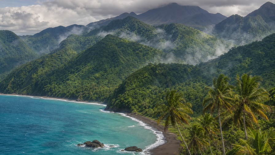 Montserrat: smaragdgroene kam van de Centre Hills die nevel uit het regenwoud bij Woodlands onder handels-cumulus vlecht, limoenkleurige rookpluim van de Soufrière Hills naar boterachtig zwart zandband in Rendezvous Bay en petrolkleurige branding bij de pier van Little Bay met perkselstof van geitenwaterbronnen in de hero - achtergrond voor marktbriefjes in Oost-Caribische dollar (XCD), gevouwen USD-duikcharter-stempels bij ijskades van de veerboot in Little Bay en weegbriefjes voor proviand in Gerald's Harbour.