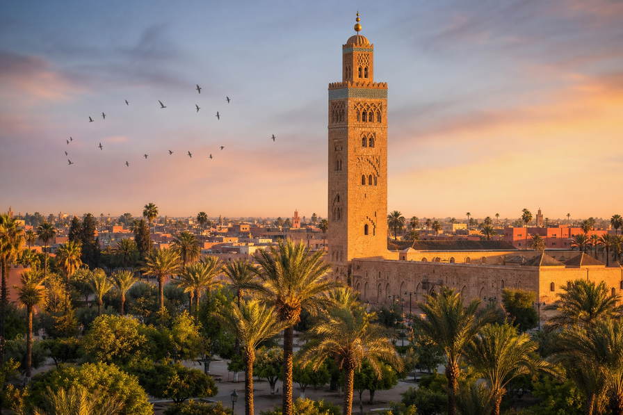 Marokko: leerverfbaden in de medina van Fez, haarspeldbochten over de Hoge Atlas en rookpluimen boven het Jemaa el Fna in Marrakesh in de hero - achtergrond voor tajine-deksels, slakkenkraampjes en kamers rond de binnenplaats van een riad.
