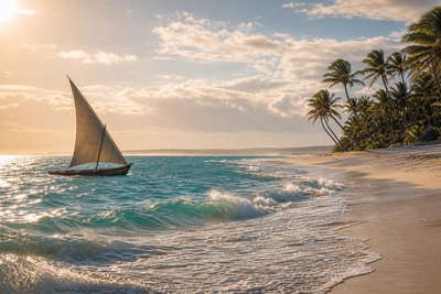 Mozambique: lateenzeilen van een dhow boven turquoise deining van de Indische Oceaan bij Tofo, smeedijzer-filigrain van het station van Maputo bij schemering en kalkstenen wallen van Ilha de Moçambique tegen golven van de Indische Oceaan in de hero - achtergrond voor peri-peri-garnalen, geroosterde cashewnoten op de markt en nachtprijzen voor strandbungalows in metical en USD.