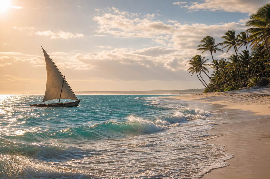 Mozambique: lateenzeilen van een dhow boven turquoise deining van de Indische Oceaan bij Tofo, smeedijzer-filigrain van het station van Maputo bij schemering en kalkstenen wallen van Ilha de Moçambique tegen golven van de Indische Oceaan in de hero - achtergrond voor peri-peri-garnalen, geroosterde cashewnoten op de markt en nachtprijzen voor strandbungalows in metical en USD.
