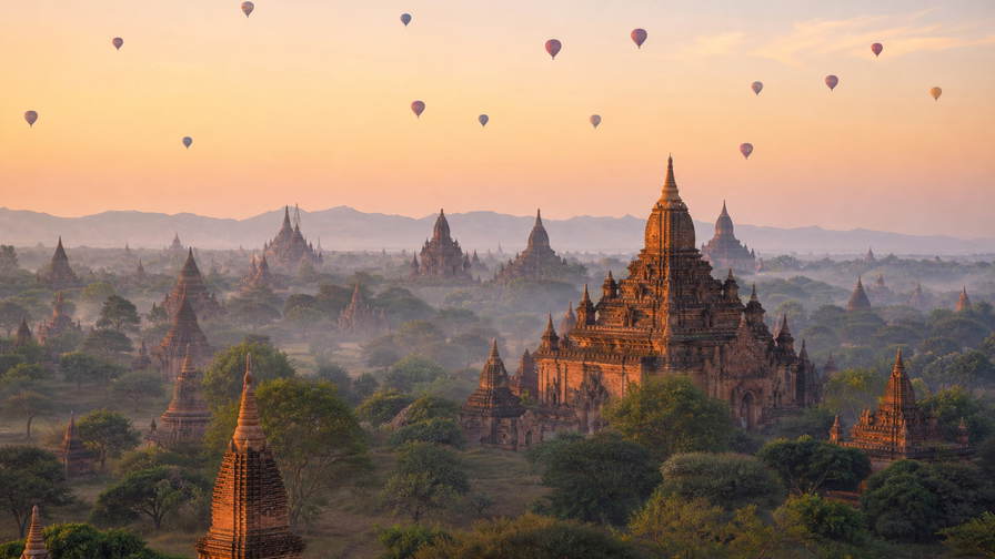 Myanmar: bakstenen stupawoud van Bagan dat saffraangevlagde torenspitsen vlecht door koperkleurige zonsopgangmist, goudsplinters van de Shwedagon-zedi in Yangon richting cirkels van eenbeenroeiers op Inle-meer en LED-spill van de jade-markt in Mandalay in de hero - achtergrond voor theejetons voor lahpet in Myanmarse kyat (MMK), weeglabels voor longyi-stofresten en stapels kartonnen veerbootbiljetten op de Irrawaddy.
