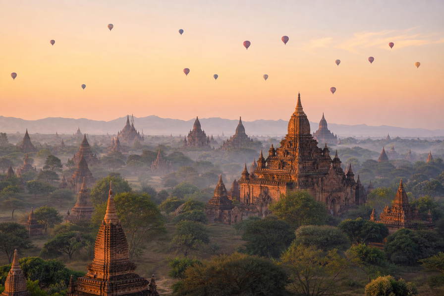 Myanmar: bakstenen stupawoud van Bagan dat saffraangevlagde torenspitsen vlecht door koperkleurige zonsopgangmist, goudsplinters van de Shwedagon-zedi in Yangon richting cirkels van eenbeenroeiers op Inle-meer en LED-spill van de jade-markt in Mandalay in de hero - achtergrond voor theejetons voor lahpet in Myanmarse kyat (MMK), weeglabels voor longyi-stofresten en stapels kartonnen veerbootbiljetten op de Irrawaddy.