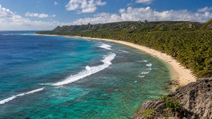 Nauru: turquoise koraalhelling langs de kust die palmarcades van de ringweg vlecht naar kalkstofnevel bij Command Ridge, jadekleurige schijf van de binnenlagune Buada naar roestglans bij fosfaatlaadinstallaties in Aiwo en boterachtige zandglans in de lege Anibare-baai in de hero - achtergrond voor supermarktbriefjes in Australische dollars (AUD), literbonnen van tankstations en stempelafdrukken voor kanuhuur bij de rifdoorvaart.