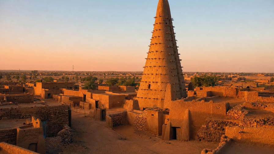 Niger: spiraalvormige lemen minaret in Agadez bij de poort naar het Aïr-massief, Fulani-vee langs droge rivierbeddingen en nevelige kades van de Niger achter Niamey in de hero - achtergrond voor gierstzakken op Wadata, drie suiker-theeglazen en kantinebonnen op truckersparkeerplaatsen.