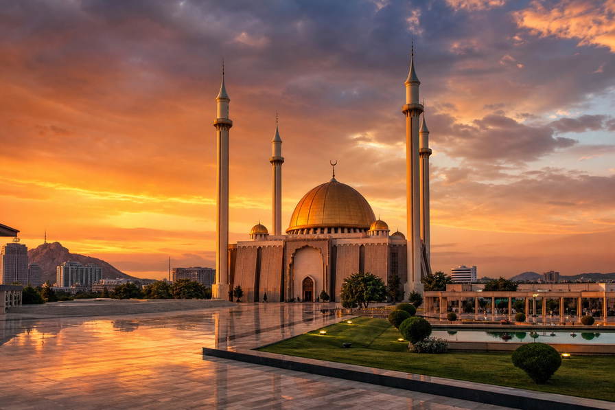 Nigeria: gouden koepel van de Nationale Moskee in Abuja bij zonsondergang, lichten van de Third Mainland Bridge over de lagune van Lagos en tomatentrossen van Mile 12 op de markt in de hero - achtergrond voor jollof-rijstschalen, late suya-spiesen en huur plus servicekosten op Victoria Island.
