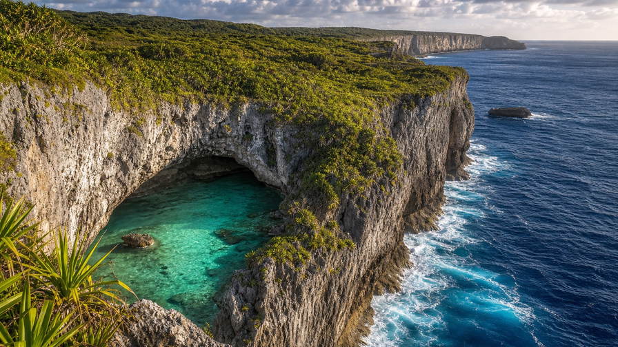 Niue: kobalt-vlecht van rif bij Alofi over Limu-pools golfbanden onder handelsstapelwolken, kopernevel bij Togo-kloof naar perkamentstapels bij Huvalu-bos en getijdenlint van Matapa bij steigergroeven plus kopra-stof in Hakupu in de hero - achtergrond voor NZD coöperatie-streepjes, USD walvis-charter-stempelvouwen bij steiger-glijkais in Alofi en noni-weegbriefjesbanden.