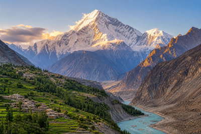 Pakistan: meel-smaragdgroene terrassen in Hunza die turkooizen glans van Attabad-meer vlechten naar ijsrichels van Ultar Sar, specerijenrook uit de ommuurde oude stad van Lahore richting thee-stoom met roze zout uit Qissa Khwani in Peshawar en grillnevel van Burns Road in Karachi in de hero - achtergrond voor bonnen voor chapli kebab op slagerspapier in Pakistaanse roepies (PKR), weegbriefjes voor bulkgier op de soek en stapels factuurprints op truck-art-emailleplaten.