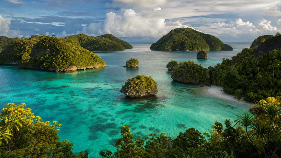 Palau: paddenstoelvormige kalksteeneilanden van de Rock Islands die melkachtig-turkooizen binnenlagunecorridors vlechten onder kobaltcumulus, zilveren manta-V-wakes in de German Channel naar rieten dakfirstsilhouetten van bai-vergaderhuizen in Koror en cyaan rifwanddraden bij Blue Corner in de hero - achtergrond voor briefjes voor Rock-Islands-tours in US-dollars (USD), gevouwen stempels op duikroutes naar Blue Hole en weegbriefjes voor kusthandwerkweefsels.