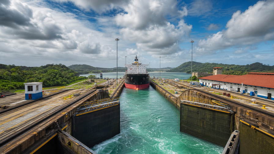 Panama: kobaltlint van de Miraflores-sluis op het Panamakanaal dat gloed van neo-Panamax-schepen vlecht onder equatoriale cumulus, oker nevel van koloniale arcaden in Casco Viejo naar spiegeling van de zeedijk van de Cinta Costera en krijtwitte palm-eilandjes van San Blas met perksels van Geisha-microlots uit Boquete in de hero - achtergrond voor buseta-briefjes in balboa en US-dollar (PAB/USD), gevouwen stempels van het kanaalbezoekerscentrum en weegbriefjes voor corvina op ijs op de vismarkt.