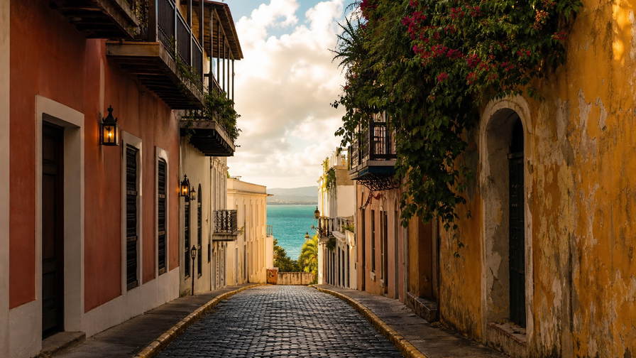 Puerto Rico: kobaltkleurige kinderkopjes in Old San Juan die pastelkleurige Spaans-koloniale gevels onder handels-cumulus vlecht, jadekleurige nevel aan de kam van het wolkenwoud El Yunque door boterachtig gouden branding bij koraalzand in Luquillo naar koperkleurige rookpluimen op kalkstenen wallen van Castillo San Felipe del Morro en koperkleurig korstmosstof uit het droge woud van Guánica in de hero - achtergrond voor kioskbriefjes in Amerikaanse dollar (USD), gevouwen duikcharter-stempels bij ijskades van jachthaven Puerto del Rey en weegbriefjes voor perkamentkoffie uit Ponce.