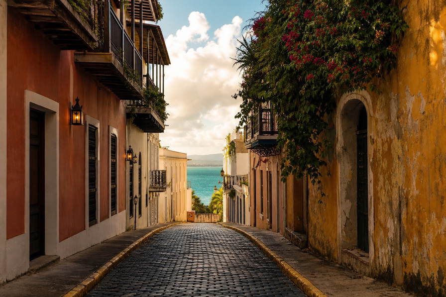 Puerto Rico: kobaltkleurige kinderkopjes in Old San Juan die pastelkleurige Spaans-koloniale gevels onder handels-cumulus vlecht, jadekleurige nevel aan de kam van het wolkenwoud El Yunque door boterachtig gouden branding bij koraalzand in Luquillo naar koperkleurige rookpluimen op kalkstenen wallen van Castillo San Felipe del Morro en koperkleurig korstmosstof uit het droge woud van Guánica in de hero - achtergrond voor kioskbriefjes in Amerikaanse dollar (USD), gevouwen duikcharter-stempels bij ijskades van jachthaven Puerto del Rey en weegbriefjes voor perkamentkoffie uit Ponce.