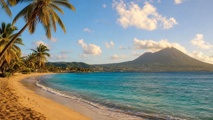 Saint Kitts en Nevis: boterachtig koraalzandband bij Frigate Bay dat kokospalmen onder handels-cumulus vlecht, jadekleurige branding in de Narrows door koperkleurige nevel aan de kalkstenen kam van fort Brimstone Hill naar georgiaanse arcade-stapels in Basseterre en roestige rookpluimen van de suikerriet-spoorlijn in de hero - achtergrond voor strandverkopersbriefjes in Oost-Caribische dollar (XCD), gevouwen USD-jachthaven-charter-stempels bij ijskades in Christophe Harbour en weegbriefjes voor ambachtelijk linnen in Charlestown op Nevis.