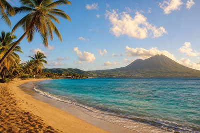 Saint Kitts en Nevis: boterachtig koraalzandband bij Frigate Bay dat kokospalmen onder handels-cumulus vlecht, jadekleurige branding in de Narrows door koperkleurige nevel aan de kalkstenen kam van fort Brimstone Hill naar georgiaanse arcade-stapels in Basseterre en roestige rookpluimen van de suikerriet-spoorlijn in de hero - achtergrond voor strandverkopersbriefjes in Oost-Caribische dollar (XCD), gevouwen USD-jachthaven-charter-stempels bij ijskades in Christophe Harbour en weegbriefjes voor ambachtelijk linnen in Charlestown op Nevis.