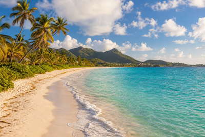 Sint Maarten: boterachtig koraalzandband bij Orient Bay dat kokospalmen onder handels-cumulus vlecht, jadekleurige nevel in het kronendak van Loterie Farm naar pastelkleurige gevels in Marigot en petrolkleurige branding bij de pier van Philipsburg met koperkleurige sloep-nevel boven Simpson Bay Lagoon in de hero - achtergrond voor strandhok-briefjes in euro (EUR), gevouwen USD-jachtcharter-stempels bij ijskades van Bobby's Marina en weegbriefjes voor kreeft in Grand Case.