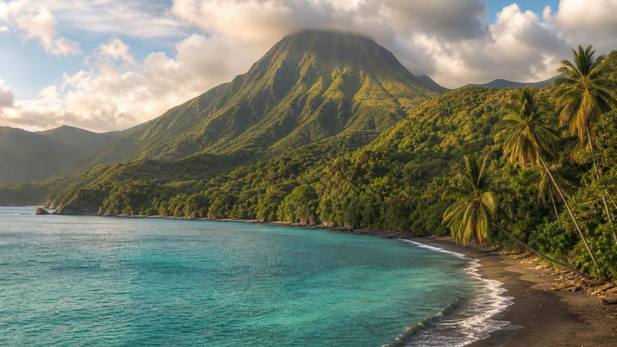Saint Vincent en de Grenadines: jadekleurige flank van de vulkaan La Soufriere die sloepen in Wallilabou Bay onder handels-cumulus vlecht, limoenkleurige ondiepten van het hoefijzer-rif bij de Tobago Cays door koperkleurige nevel van Admiralty Bay op Bequia naar petrolkleurige branding bij de haven van Kingstown en perkselstof van arrowroot-molens in de hero - achtergrond voor marktbriefjes in Oost-Caribische dollar (XCD), gevouwen USD-jachtcharter-stempels bij ijskades van de Blue Lagoon-jachthaven en weegbriefjes voor vis op de vismarkt in Barrouallie.
