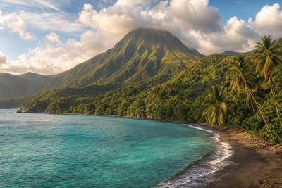 Saint Vincent en de Grenadines: jadekleurige flank van de vulkaan La Soufriere die sloepen in Wallilabou Bay onder handels-cumulus vlecht, limoenkleurige ondiepten van het hoefijzer-rif bij de Tobago Cays door koperkleurige nevel van Admiralty Bay op Bequia naar petrolkleurige branding bij de haven van Kingstown en perkselstof van arrowroot-molens in de hero - achtergrond voor marktbriefjes in Oost-Caribische dollar (XCD), gevouwen USD-jachtcharter-stempels bij ijskades van de Blue Lagoon-jachthaven en weegbriefjes voor vis op de vismarkt in Barrouallie.
