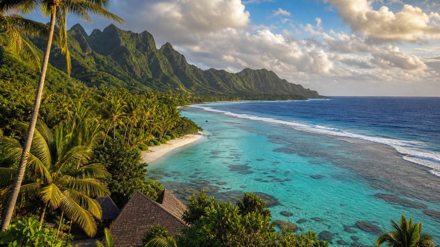 Samoa: turquoise rif langs de zuidkust van Upolu die een bleke Lalomanu-zandboog vlecht onder passaat-cumulusstapels, mastglans in de haven van Apia naar kokosolieflespiramides op de Fugalei-markt en een jadekleurige waterring van de To Sua-krater tussen varens in de hero - achtergrond voor briefjes in tala (WST) bij fale-overnachtingen, gevouwen veerbootdekstickers op de Upolu-Savai'i-route en weegbriefjes voor kawabundels bij ava-ceremonies.