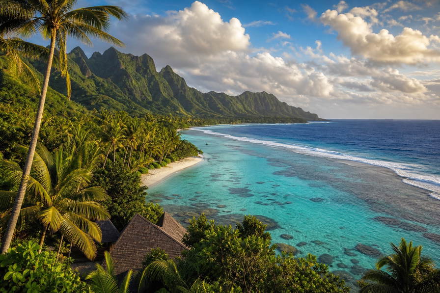 Samoa: turquoise rif langs de zuidkust van Upolu die een bleke Lalomanu-zandboog vlecht onder passaat-cumulusstapels, mastglans in de haven van Apia naar kokosolieflespiramides op de Fugalei-markt en een jadekleurige waterring van de To Sua-krater tussen varens in de hero - achtergrond voor briefjes in tala (WST) bij fale-overnachtingen, gevouwen veerbootdekstickers op de Upolu-Savai'i-route en weegbriefjes voor kawabundels bij ava-ceremonies.