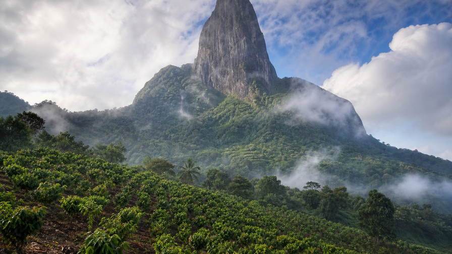 Sao Tomé en Principe: lavakegel Pico Cão Grande boven mistige cacaoterrassen bij oude roças, smaragdgroen Lagoa Azul en gouden maanstrand Praia Jalé in de hero - achtergrond voor calulu-ketels, halfpension in roça-pensiones en kassabonnen in dobra en euro langs de marktstrip 7 de Julho in São Tomé.