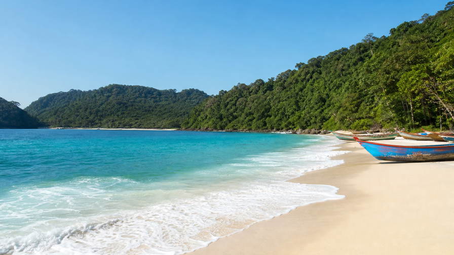 Sierra Leone: krijtwitte baai van River Number Two tussen jungle-kaapjes, kielzog van prauwen in Aberdeen Creek en maquis-rook boven Lumley Beach langs de Atlantische bocht van Freetown in de hero - achtergrond voor cassaveblad-plasas, gegrilde barracuda-spiesen en kassabonnen in leones en USD in het centrum.