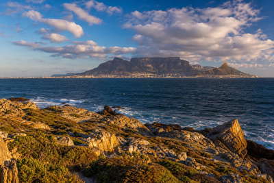 Zuid-Afrika: tafelberg-plateau-skyline boven de Atlantische Oceaan bij warm laag licht, fynbos en rotsachtige Kaapse voorgrond die overloopt in baai-deinigingsbanden onder mooiweer-stapelwolken in de hero-foto - visueel anker voor onafhankelijke supermarkt-, wijnland-horeca- en stadhuurprijsvergelijkingen.