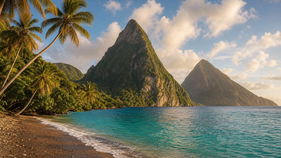 Saint Lucia: jadekleurige Piton-spitsen die boterachtig koraalzandband in Soufriere Bay onder handels-cumulus vlechten, koperkleurige sloep-nevel in Marigot Bay naar nevel aan de kam van de Tet Paul Trail en petrolkleurige branding bij de jachthaven in Rodney Bay met perkselstof van cacaoplantages in de hero - achtergrond voor strandverkopersbriefjes in Oost-Caribische dollar (XCD), gevouwen USD-katamaran-charter-stempels bij ijskades op de cruisesteiger in Castries en weegbriefjes voor bananen in Vieux Fort.