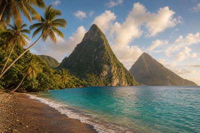 Saint Lucia: jadekleurige Piton-spitsen die boterachtig koraalzandband in Soufriere Bay onder handels-cumulus vlechten, koperkleurige sloep-nevel in Marigot Bay naar nevel aan de kam van de Tet Paul Trail en petrolkleurige branding bij de jachthaven in Rodney Bay met perkselstof van cacaoplantages in de hero - achtergrond voor strandverkopersbriefjes in Oost-Caribische dollar (XCD), gevouwen USD-katamaran-charter-stempels bij ijskades op de cruisesteiger in Castries en weegbriefjes voor bananen in Vieux Fort.