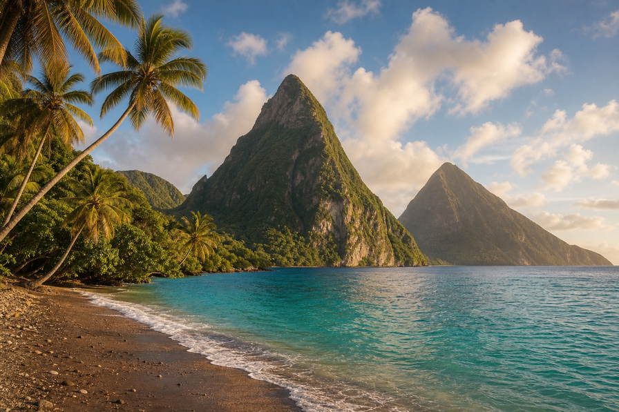 Saint Lucia: jadekleurige Piton-spitsen die boterachtig koraalzandband in Soufriere Bay onder handels-cumulus vlechten, koperkleurige sloep-nevel in Marigot Bay naar nevel aan de kam van de Tet Paul Trail en petrolkleurige branding bij de jachthaven in Rodney Bay met perkselstof van cacaoplantages in de hero - achtergrond voor strandverkopersbriefjes in Oost-Caribische dollar (XCD), gevouwen USD-katamaran-charter-stempels bij ijskades op de cruisesteiger in Castries en weegbriefjes voor bananen in Vieux Fort.