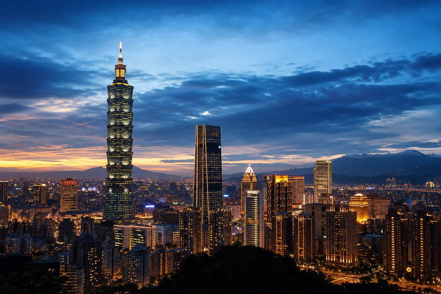 Taiwan: bamboestapel-spits van Taipei 101 die spiegelglazen gevels in Xinyi vlecht onder tyfooncumulus, robijnrode lantaarnnevel van Jiufen naar dampdaken met oesters en misua op de nachtmarkt Shilin en jadegroene ochtendrust van Sun Moon Lake in de hero - achtergrond voor EasyCard-tapbonnen in nieuwe Taiwan-dollar (TWD), gevouwen stempels op HSR-lunchboxen en weegbriefjes voor bubbletea-dekselzegels.