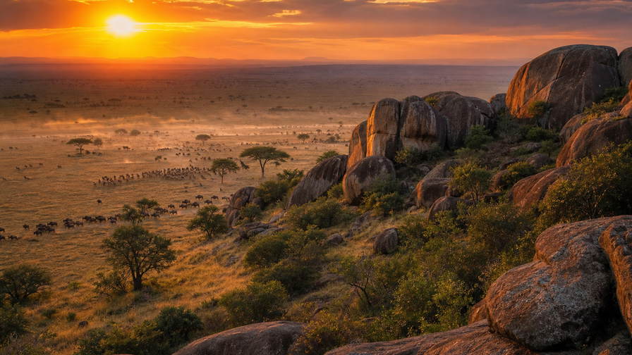 Tanzania: Serengeti-kopjes van graniet in gouden uurlicht boven gnu-trekdust, mistband op de rand van de Ngorongoro-krater rond olifantsilhouetten en gebeitelde teakhouten deurknoppen in Stone Town op Zanzibar bespat met moessonzout in de hero - achtergrond voor weegbonnen voor kruidnagelzakken op slipways in Dar es Salaam, stapels klimvergunningen voor de Kilimanjaro in Tanzaniaanse shilling (TZS) en dollars en kassabonnen voor kanga-stofresten uit de stoffensteegjes van Arusha.