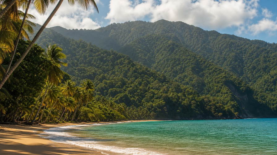Trinidad en Tobago: jadekleurige branding in Maracas Bay die kokospalmen onder handels-cumulus tegen nevel aan de kam van het regenwoud van de Northern Range vlecht, koperkleurige mangrove-nevel van Caroni met silhouetten van de vlucht van rode ibissen bij schemering naar petrolkleurige branding langs de kade van Port of Spain en perkselstof van cacaoplantages op de Main Ridge van Tobago in de hero - achtergrond voor bake-and-shark-briefjes in Trinidad en Tobago-dollar (TTD), gevouwen USD-steelband-charter-stempels bij ijskades van de jachthaven in Chaguaramas en weegbriefjes voor cacaobonen in Arima.
