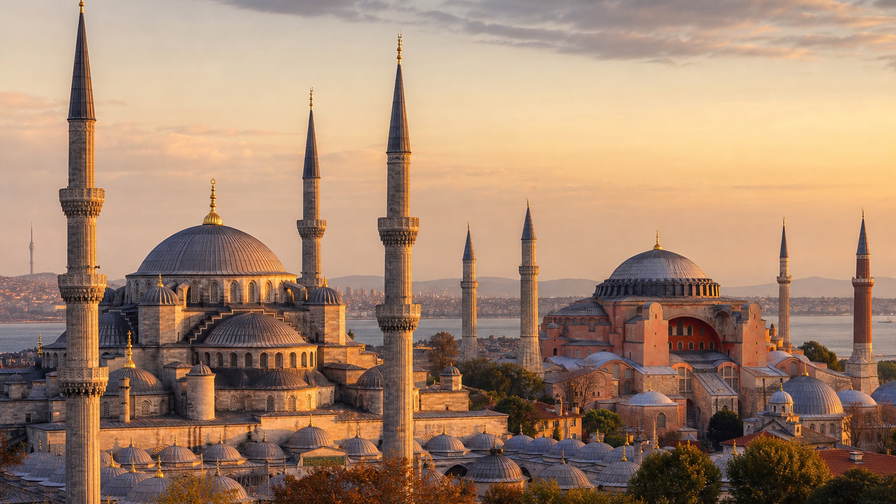 Turkije: minaretten boven de Bosporus, kleuren van de kruidenbazar en feeënschoorsteen-valleien in de hero - visuele intro voor simit-karren, kebabmenu's en all-inclusive aan zee.