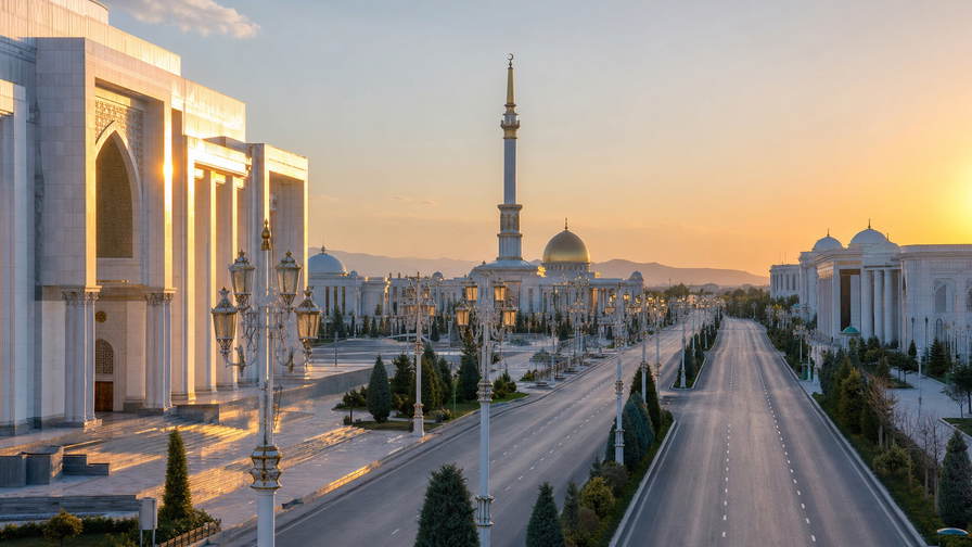Turkmenistan: zonverbleekte marmerlanen, Karakoem-duinen en Akhal-Teke-paardensteppe in de hero - scène voor meloen stapels, bruilofts-plov en nutsvoorzieningen in woestijnsteden.
