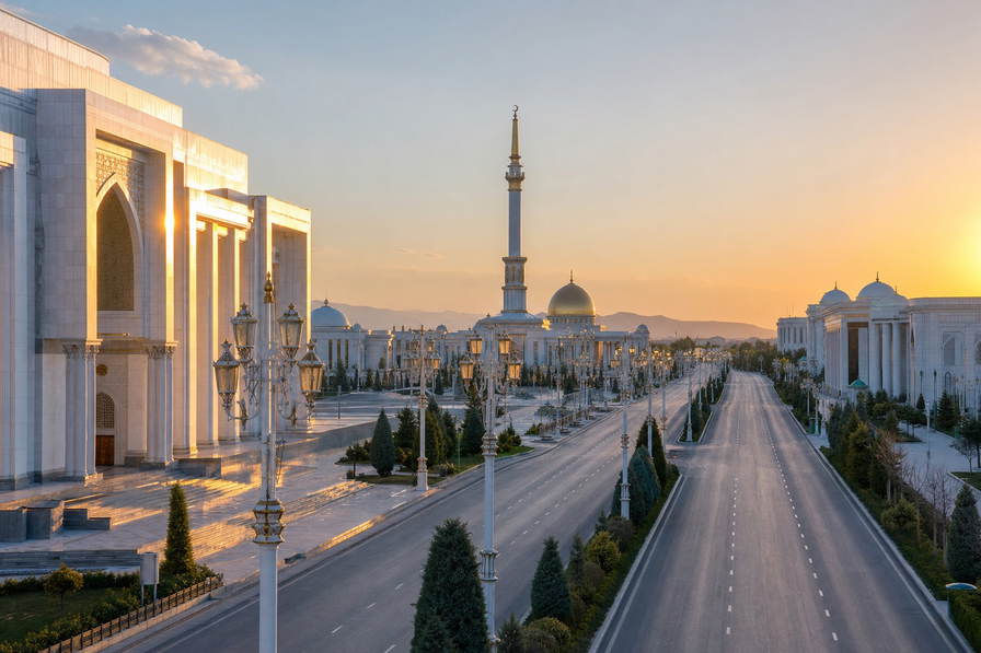Turkmenistan: zonverbleekte marmerlanen, Karakoem-duinen en Akhal-Teke-paardensteppe in de hero - scène voor meloen stapels, bruilofts-plov en nutsvoorzieningen in woestijnsteden.