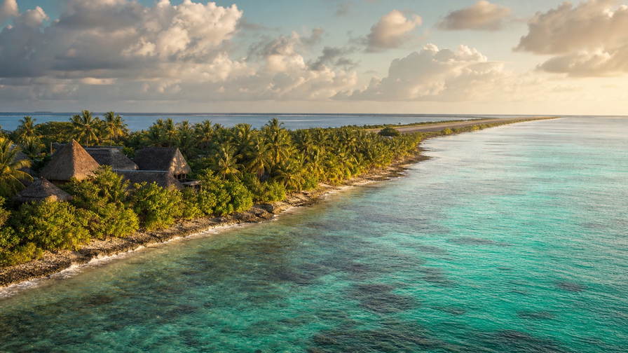Tuvalu: jadekleurige lagunespiegels van Funafuti die palmstroken op motu Fongafale vlechten onder passaat-stratus, opalige nevel boven het koraaltuintje in het Funafuti-beschermingsgebied naar rieten dakpakketten van fales in Vaiaku en krijtachtige strepen van het koraalvulwerk van de landingsbaan in de hero - achtergrond voor briefjes van de coöperatieve winkel in Australische dollars (AUD), gevouwen dekstickers op schepen naar buiten-eilanden en weegbriefjes voor drankjes in de maneapa.