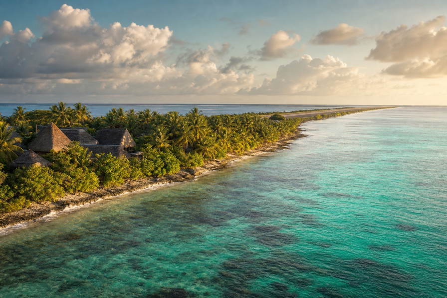Tuvalu: jadekleurige lagunespiegels van Funafuti die palmstroken op motu Fongafale vlechten onder passaat-stratus, opalige nevel boven het koraaltuintje in het Funafuti-beschermingsgebied naar rieten dakpakketten van fales in Vaiaku en krijtachtige strepen van het koraalvulwerk van de landingsbaan in de hero - achtergrond voor briefjes van de coöperatieve winkel in Australische dollars (AUD), gevouwen dekstickers op schepen naar buiten-eilanden en weegbriefjes voor drankjes in de maneapa.