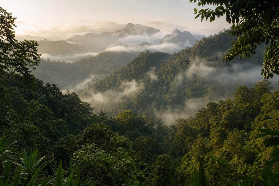 Uganda: ochtendmist in Bwindi vlecht vulkanische junglekam voor ranger-briefings bij gorillatrekking, nijlpaard-kielzog op het Kazinga-kanaal richting leeuw-silhouetten in vijgenbomen in Ishasha en matoke-stoom op Owino Market in Kampala onder neon-chapati-kramen in de hero - achtergrond voor bonnen van vergunningen in Oegandese shilling (UGX) en dollars, grillas van Nijlbaars aan Victoriameer-steigers en knisperfolie van straat-rolex-wraps.