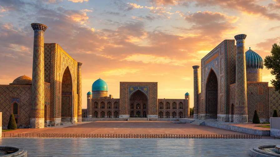 Oezbekistan: turkooizen Registan-bogen, leemstraatjes in Buchara en zijdebasar-koepels in de hero - kader voor plov-ketels, samsa-bakkerijen en hogesnelheidstreintickets naast kruidenprijzen.