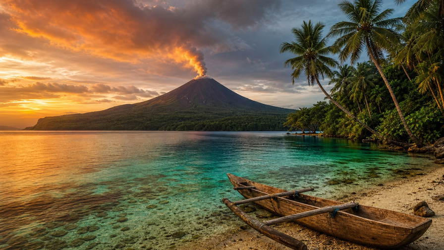 Vanuatu: petrolblauwe deining in de haven van Port Vila die gebroken koraalbanken vlecht naar een zonsondergangaspluim van Yasur op Tanna, Pentecost-liaantorens bij landdiving en opaalglans in het ondiepe rif bij Mele in de hero - achtergrond voor briefjes in vatu (VUV) in nakamals met kawakommen, bagageweeglabels op twin-otter-eilandsprongen en gevouwen brandstofbonnen voor rif-taxi-buitenboordmotoren.
