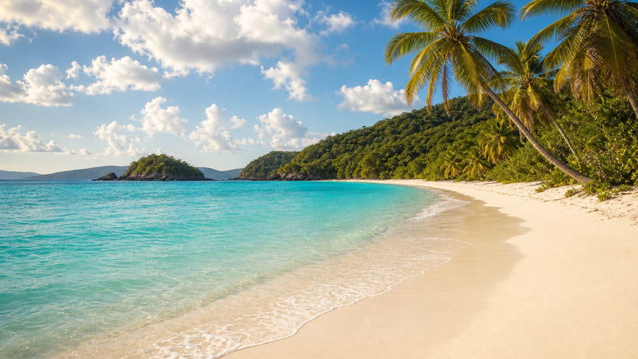 Amerikaanse Maagdeneilanden: boterachtig koraalzandband bij Trunk Bay dat kokospalmen onder handels-cumulus vlecht, jadekleurige ondiepten bij Honeymoon Beach door koperkleurige sloep-nevel uit Cruz Bay naar petrolkleurige branding bij Magens Bay en zilverkleurige nevelbanden boven het rif bij Buck Island in de hero - achtergrond voor strandhok-briefjes in Amerikaanse dollar (USD), gevouwen duikcharter-stempels bij ijskades van Crown Bay in Charlotte Amalie en weegbriefjes voor kreeft op de pier in Christiansted.