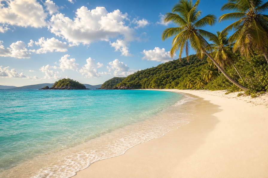 Amerikaanse Maagdeneilanden: boterachtig koraalzandband bij Trunk Bay dat kokospalmen onder handels-cumulus vlecht, jadekleurige ondiepten bij Honeymoon Beach door koperkleurige sloep-nevel uit Cruz Bay naar petrolkleurige branding bij Magens Bay en zilverkleurige nevelbanden boven het rif bij Buck Island in de hero - achtergrond voor strandhok-briefjes in Amerikaanse dollar (USD), gevouwen duikcharter-stempels bij ijskades van Crown Bay in Charlotte Amalie en weegbriefjes voor kreeft op de pier in Christiansted.