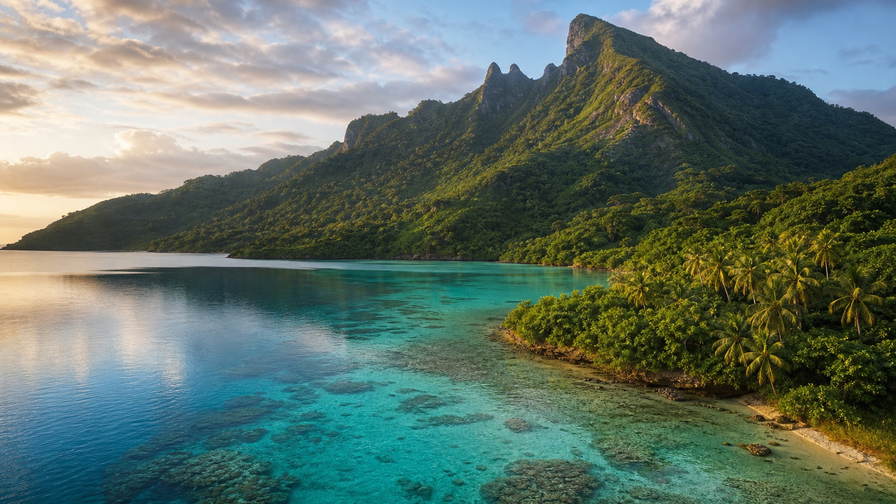 Wallis en Futuna: jade-vlecht van Wallis-lagune over Futuna-landtong golfbanden onder handelsstapelwolken, kopernevel van basiliek in Mata-Utu naar perkamentstapels bij Halalo-rif en kraterlint van Lalolalo-meer bij kaaimuur-groeven plus koprastof uit Sigave in de hero - achtergrond voor XPF markt-streepjes, EUR inter-eiland-charter-stempelvouwen bij glijkais in Mata-Utu en USD gerookte-vis-weegbriefjesbanden.